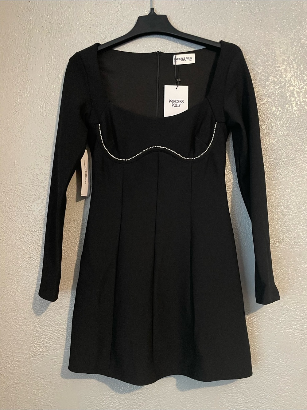 Princess Polly Black Long Sleeve Mini Dress with Rhinestone Piping